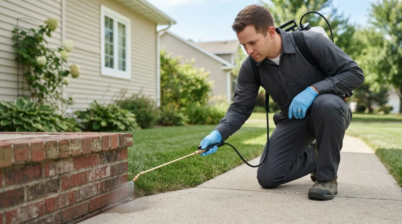 Pest control technician treating a home near Selman City, TX